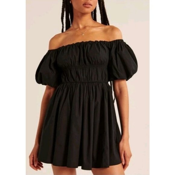Abercrombie & Fitch Ruched Puff Sleeve Mini Black Babydoll A-line Short Dress XS - Picture 12 of 12